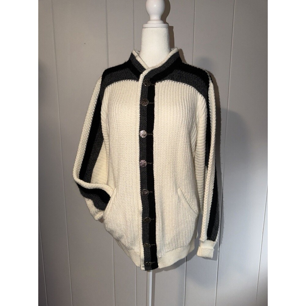 Vtg ORLON Campus Oversized Sweater/Cardigan Cream Black Racing Stripe Sz M